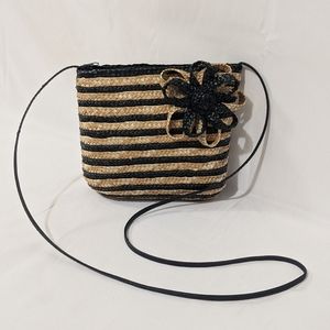 Straw Black and Tan Flower Crossbody Bag